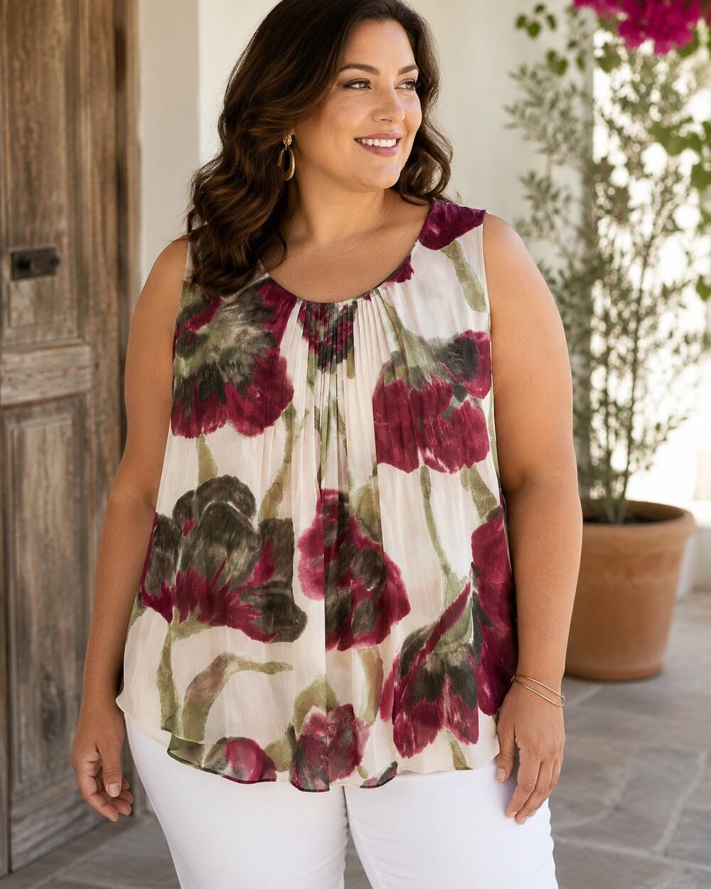 Anne Klein 2X Floral Pleated Sleeveless Blouse Ivory Burgundy Green Flowy Plus